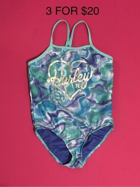 🌟 Hurley Girls 5T Aqua Purple Marble One-Piece Swimsuit NWOT